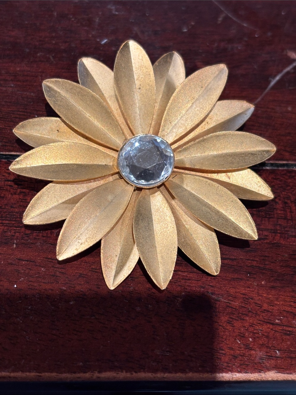 Gold Flower Brooch with Clear Center Stone